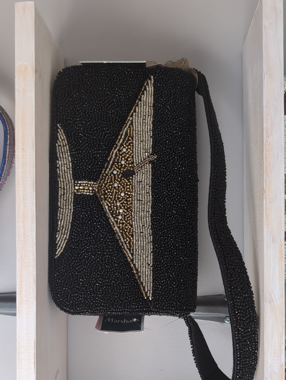 Black Beaded Evening Clutch with Gold Accent
